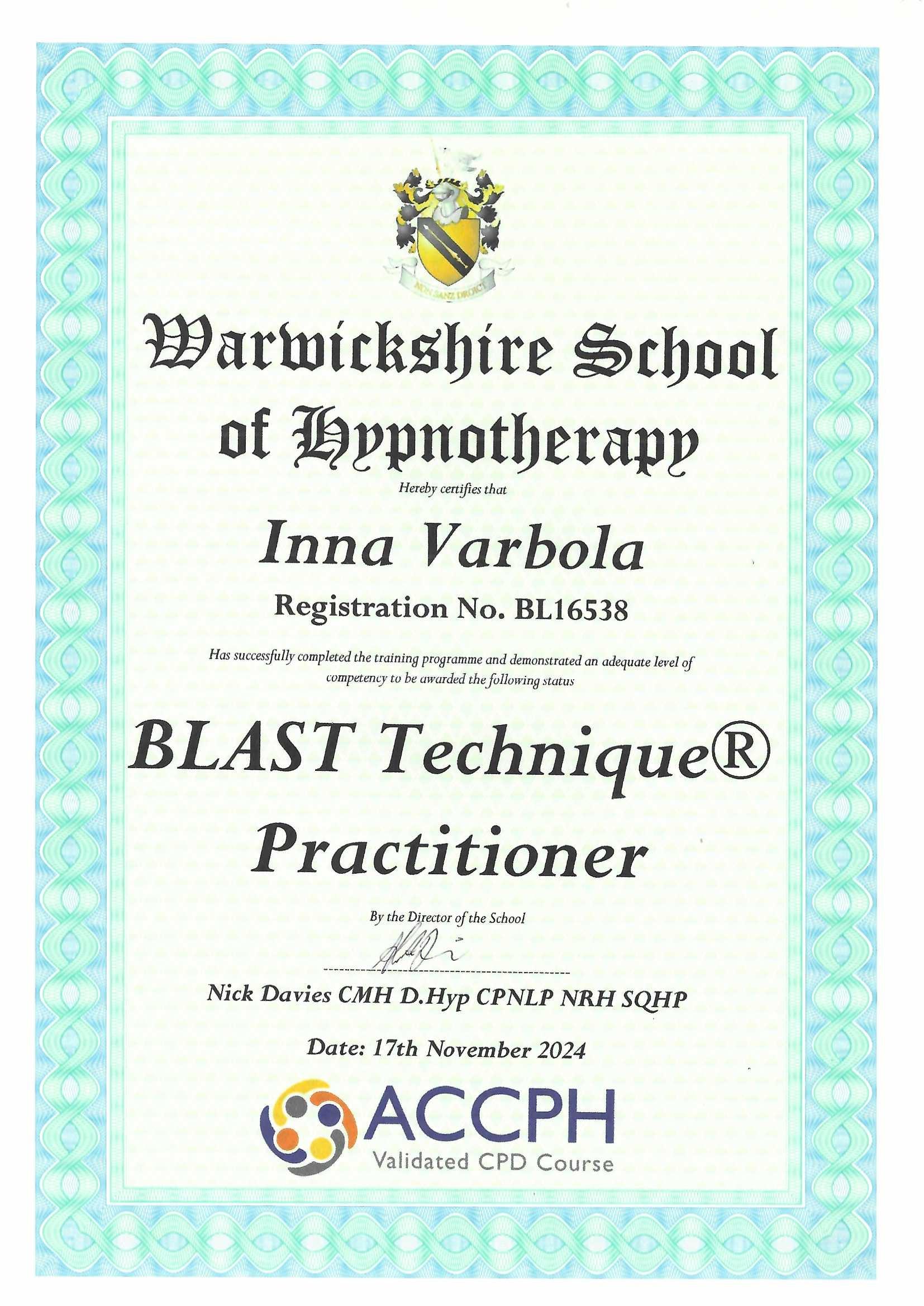 BLAST Technique® Practitioner Certificate – Inna Varbola